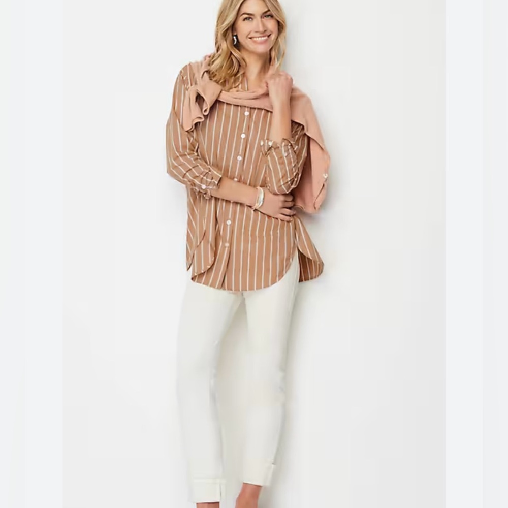 J. Jill Oversized Cotton Poplin Tunic Brown Stripe Size Medium